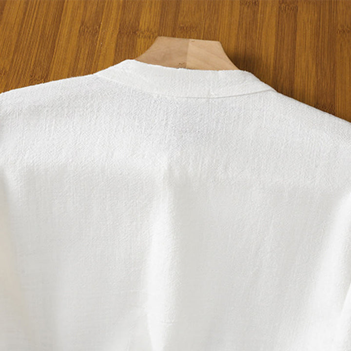 Chemise femme en coton et lin à imprimé Buddha Stones, couleur unie, ourlet simple et fente - image 13