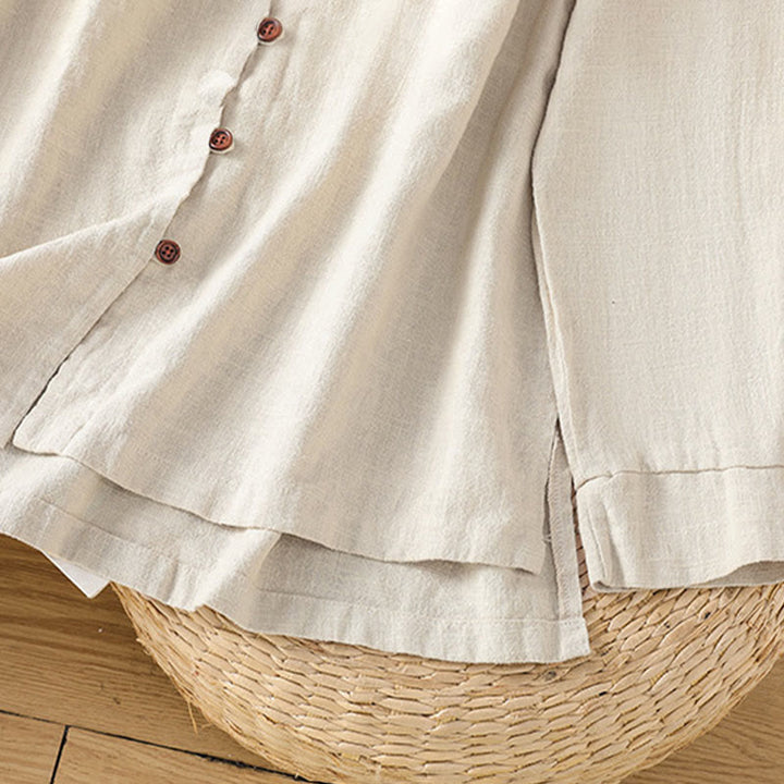 Chemise femme en coton et lin à imprimé Buddha Stones, couleur unie, ourlet simple et fente - image 7