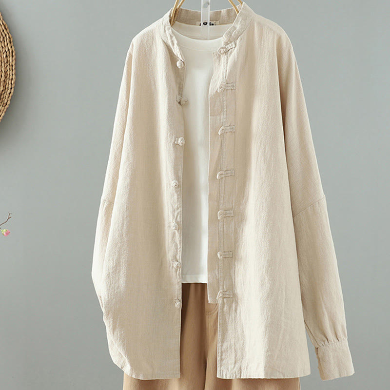 Chemise en coton et lin à motif grenouille chinoise simple et unie pour femme, motif Buddha Stones - Beige - US14，UK/AU18，EU46 (2XL) - image 1