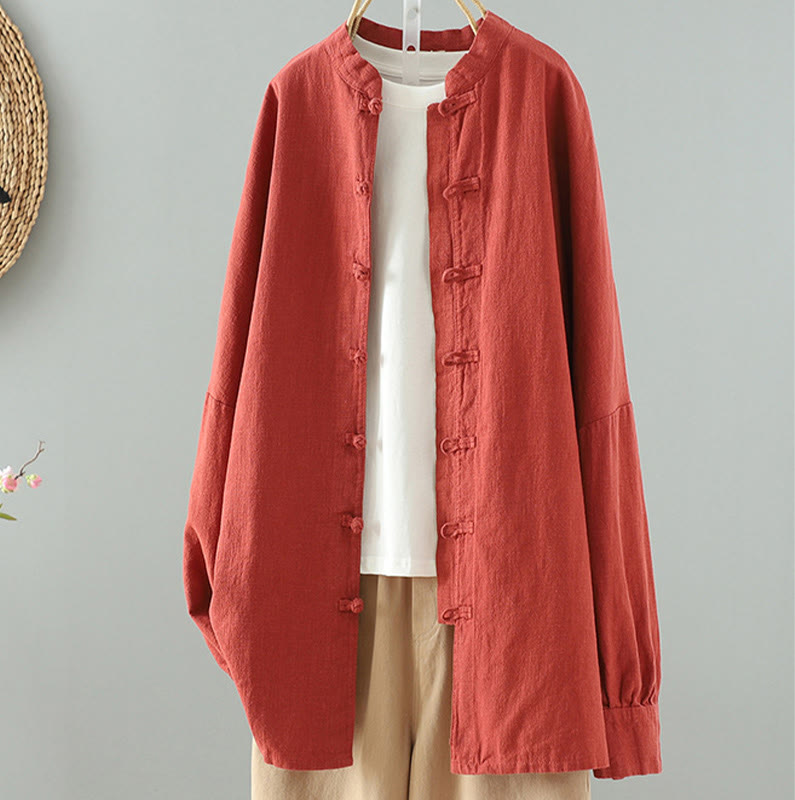 Chemise en coton et lin à motif grenouille chinoise simple et unie pour femme, motif Buddha Stones - OrangeRouge - US14，UK/AU18，EU46 (2XL) - image 16