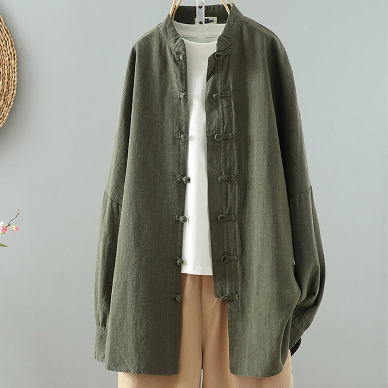 Chemise en coton et lin à motif grenouille chinoise simple et unie pour femme, motif Buddha Stones - Vert olive foncé - US14，UK/AU18，EU46 (2XL) - image 11