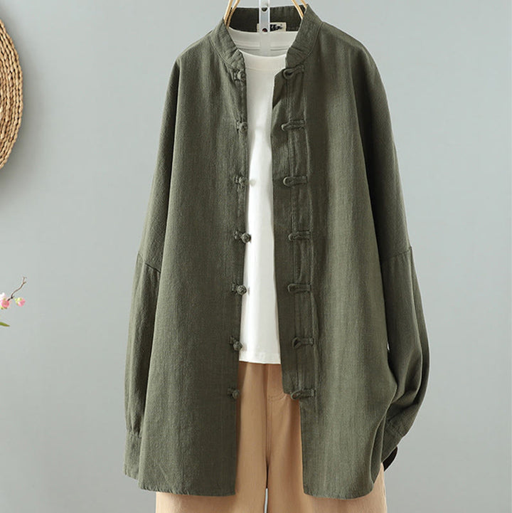 Chemise en coton et lin à motif grenouille chinoise simple et unie pour femme, motif Buddha Stones - Vert olive foncé - US14，UK/AU18，EU46 (2XL) - image 11