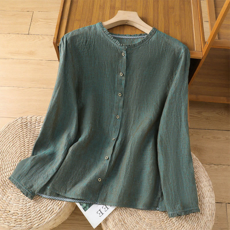 Chemise en coton et lin pour femme, couleur unie, boutons, col ras du cou à volants, motif Buddha Stones - Vert de mer - US14，UK/AU18，EU46 (2XL) - image 1