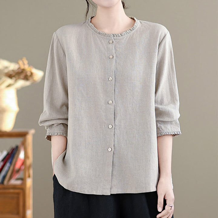 Chemise en coton et lin pour femme, couleur unie, boutons, col ras du cou à volants, motif Buddha Stones - image 12