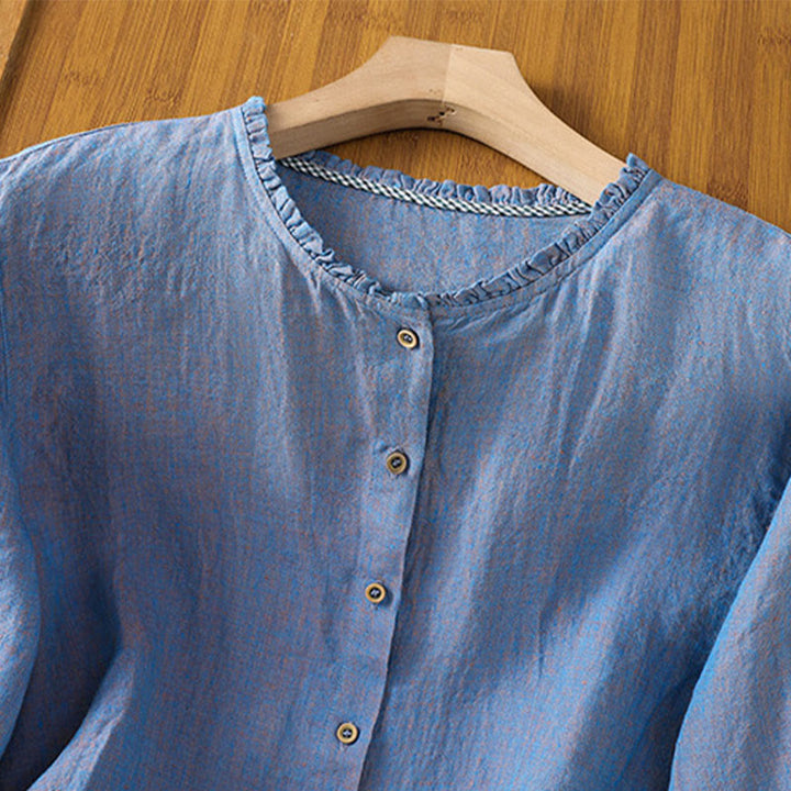 Chemise en coton et lin pour femme, couleur unie, boutons, col ras du cou à volants, motif Buddha Stones - image 17