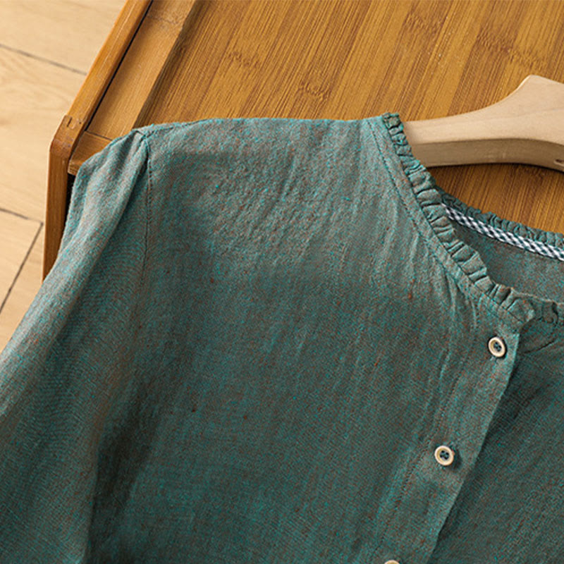 Chemise en coton et lin pour femme, couleur unie, boutons, col ras du cou à volants, motif Buddha Stones - image 2