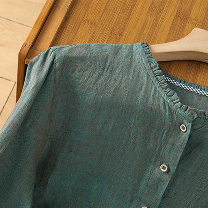 Chemise en coton et lin pour femme, couleur unie, boutons, col ras du cou à volants, motif Buddha Stones - image 2