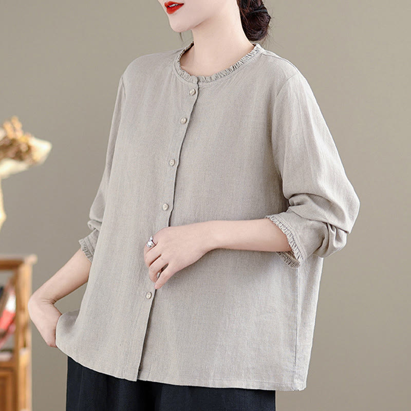 Chemise en coton et lin pour femme, couleur unie, boutons, col ras du cou à volants, motif Buddha Stones - image 10
