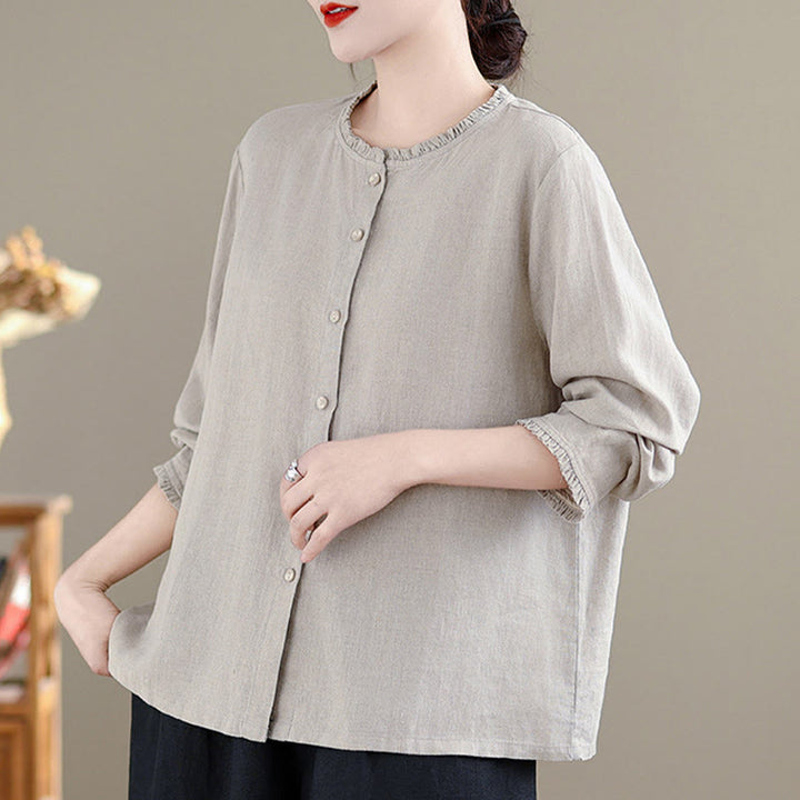 Chemise en coton et lin pour femme, couleur unie, boutons, col ras du cou à volants, motif Buddha Stones - image 10