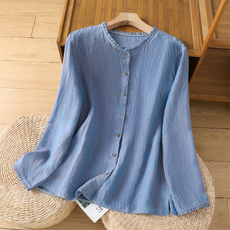 Chemise en coton et lin pour femme, couleur unie, boutons, col ras du cou à volants, motif Buddha Stones - BleuetBleu - US14，UK/AU18，EU46 (2XL) - image 17