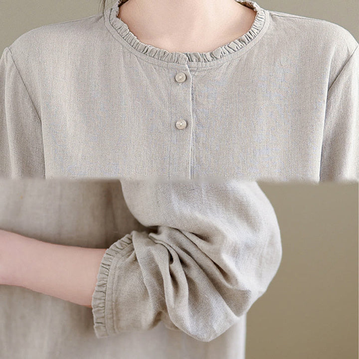 Chemise femme à col rond volanté, couleur unie, avec boutons et motifs de Buddha Stones - image 15