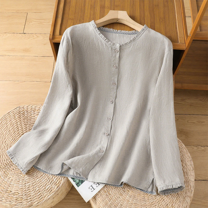 Chemise en coton et lin pour femme, couleur unie, boutons, col ras du cou à volants, motif Buddha Stones - Argent - US14，UK/AU18，EU46 (2XL) - image 6