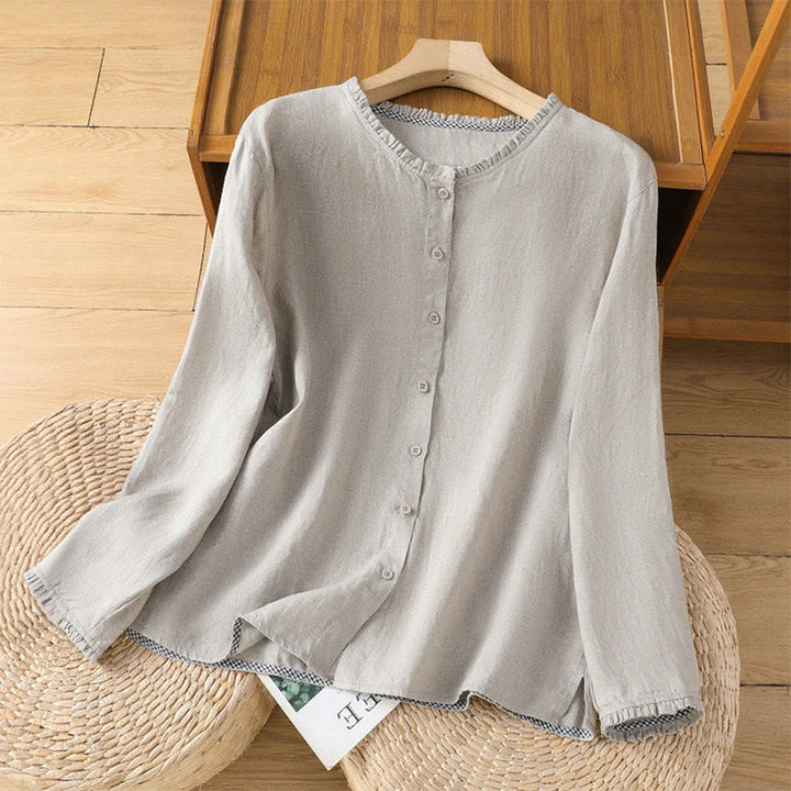 Chemise en coton et lin pour femme, couleur unie, boutons, col ras du cou à volants, motif Buddha Stones - Argent - US14，UK/AU18，EU46 (2XL) - image 6