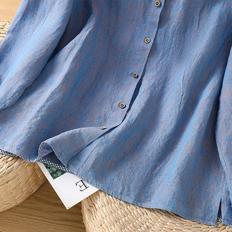 Chemise en coton et lin pour femme, couleur unie, boutons, col ras du cou à volants, motif Buddha Stones - image 18