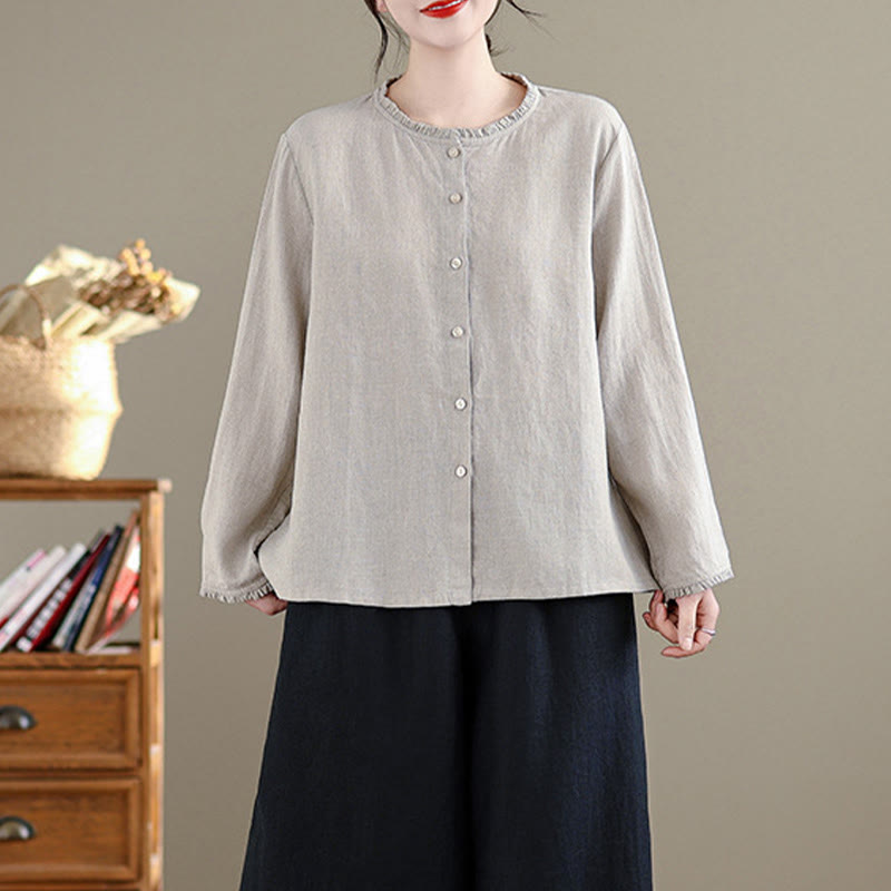 Chemise en coton et lin pour femme, couleur unie, boutons, col ras du cou à volants, motif Buddha Stones - image 7