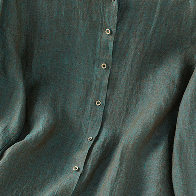 Chemise en coton et lin pour femme, couleur unie, boutons, col ras du cou à volants, motif Buddha Stones - image 4