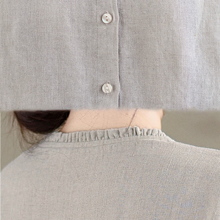 Chemise en coton et lin pour femme, couleur unie, boutons, col ras du cou à volants, motif Buddha Stones - image 14