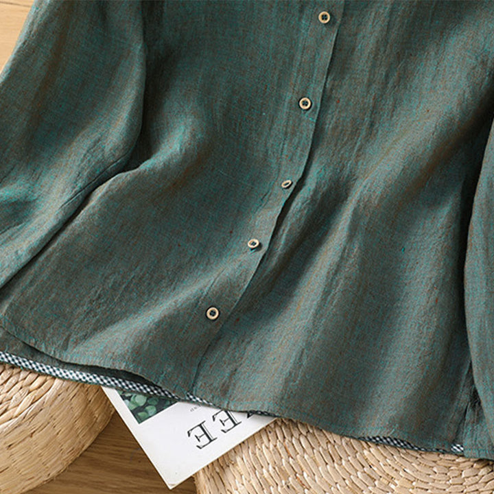 Chemise en coton et lin pour femme, couleur unie, boutons, col ras du cou à volants, motif Buddha Stones - image 4