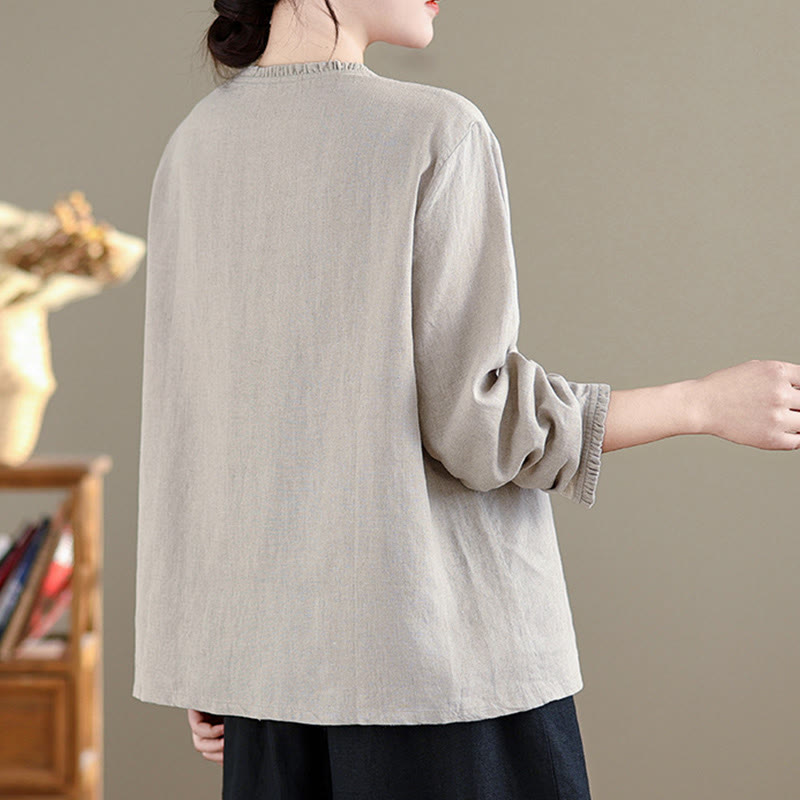 Chemise en coton et lin pour femme, couleur unie, boutons, col ras du cou à volants, motif Buddha Stones - image 8