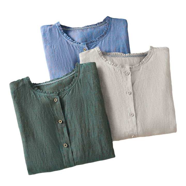 Chemise en coton et lin pour femme, couleur unie, boutons, col ras du cou à volants, motif Buddha Stones - image 21