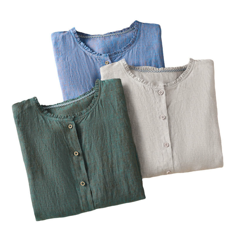Chemise en coton et lin pour femme, couleur unie, boutons, col ras du cou à volants, motif Buddha Stones - image 22