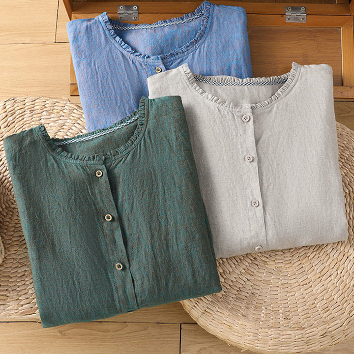 Chemise en coton et lin pour femme, couleur unie, boutons, col ras du cou à volants, motif Buddha Stones - image 20