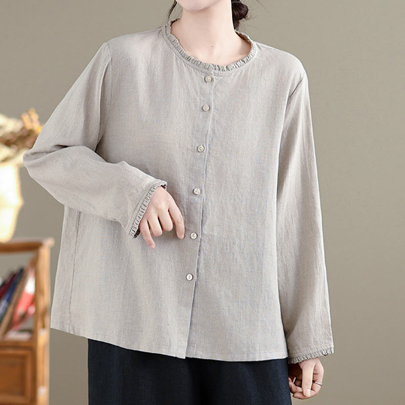 Chemise en coton et lin pour femme, couleur unie, boutons, col ras du cou à volants, motif Buddha Stones - image 9