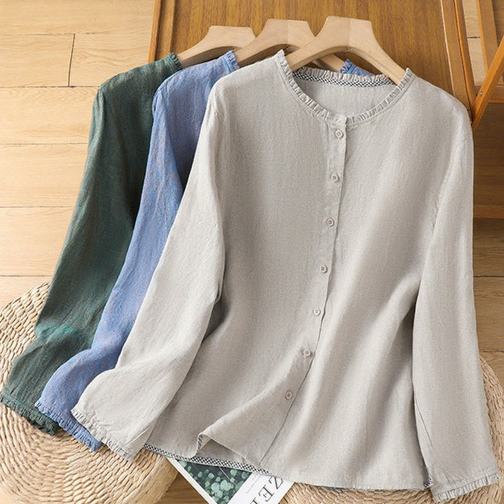 Chemise en coton et lin pour femme, couleur unie, boutons, col ras du cou à volants, motif Buddha Stones - image 20