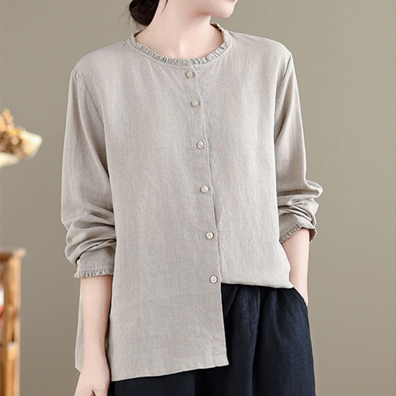 Chemise femme à col rond volanté, couleur unie, avec boutons et motifs de Buddha Stones - image 10