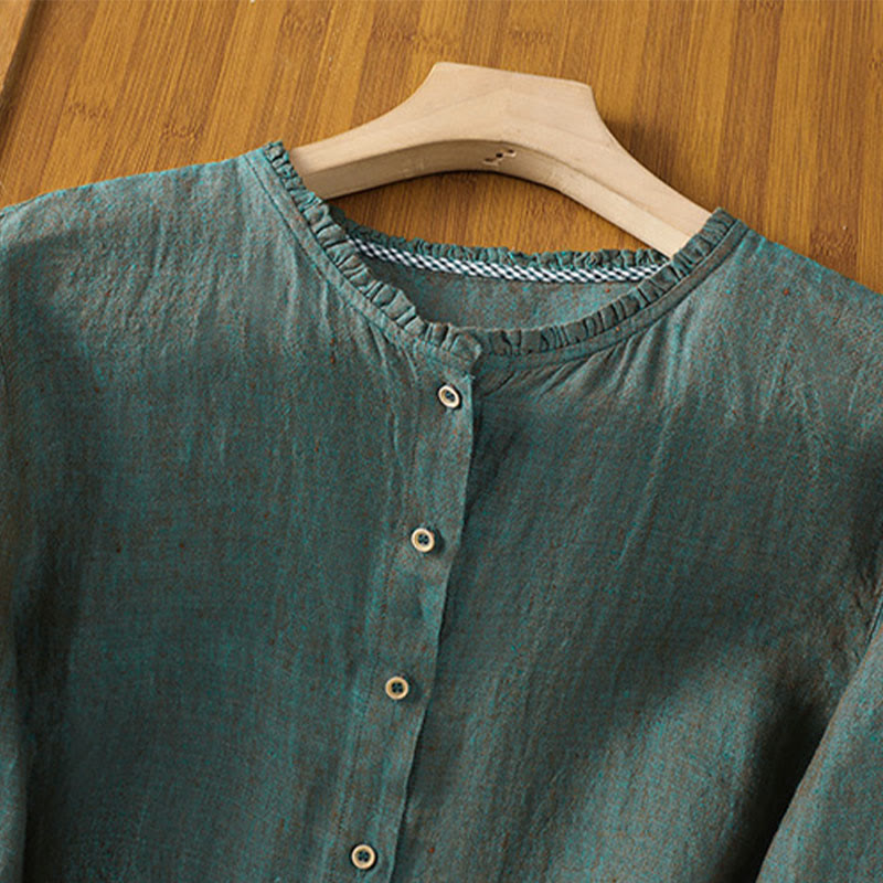 Chemise en coton et lin pour femme, couleur unie, boutons, col ras du cou à volants, motif Buddha Stones - image 1