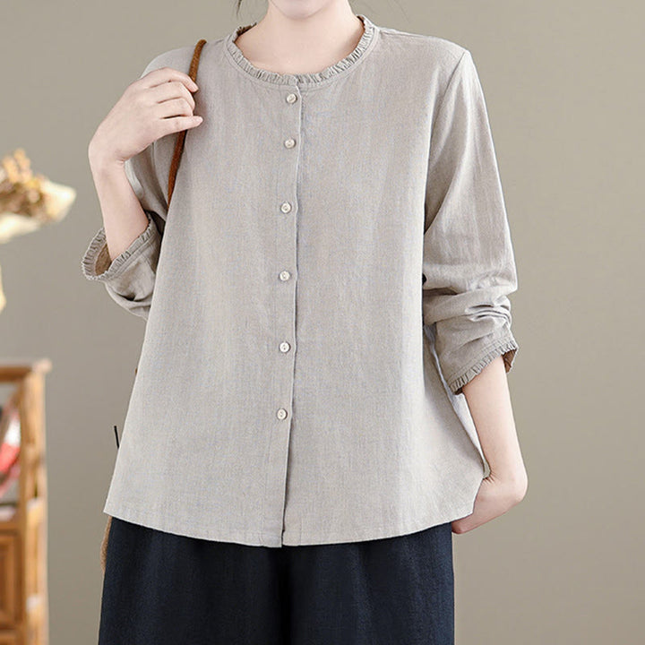 Chemise en coton et lin pour femme, couleur unie, boutons, col ras du cou à volants, motif Buddha Stones - image 13