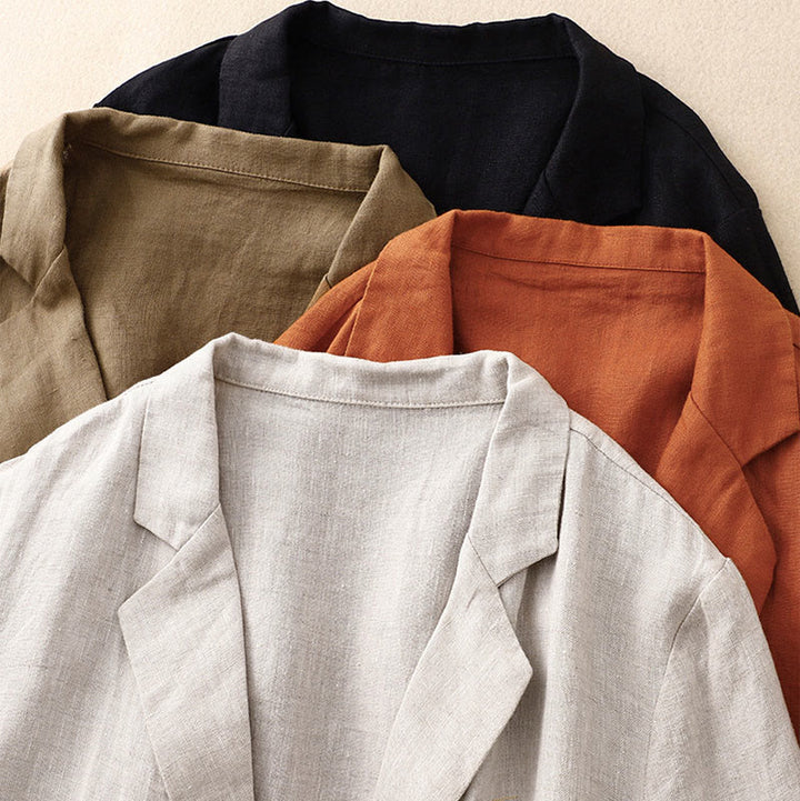 Veste femme rétro en coton et lin avec poches et revers couleur pure Buddha Stones Commute - image 17