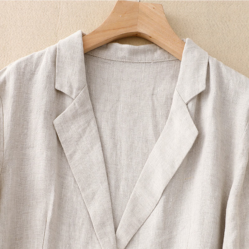 Veste femme rétro en coton et lin avec poches et revers couleur pure Buddha Stones Commute - image 8