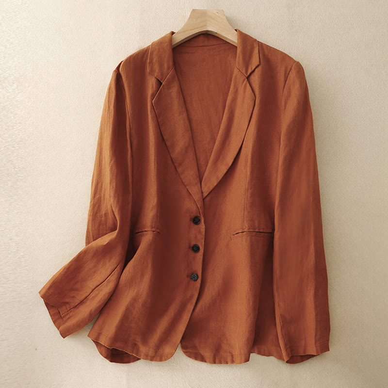 Veste femme rétro en coton et lin avec poches et revers couleur pure Buddha Stones Commute - OrangeRouge - US14，UK/AU18，EU46 (2XL) - image 14