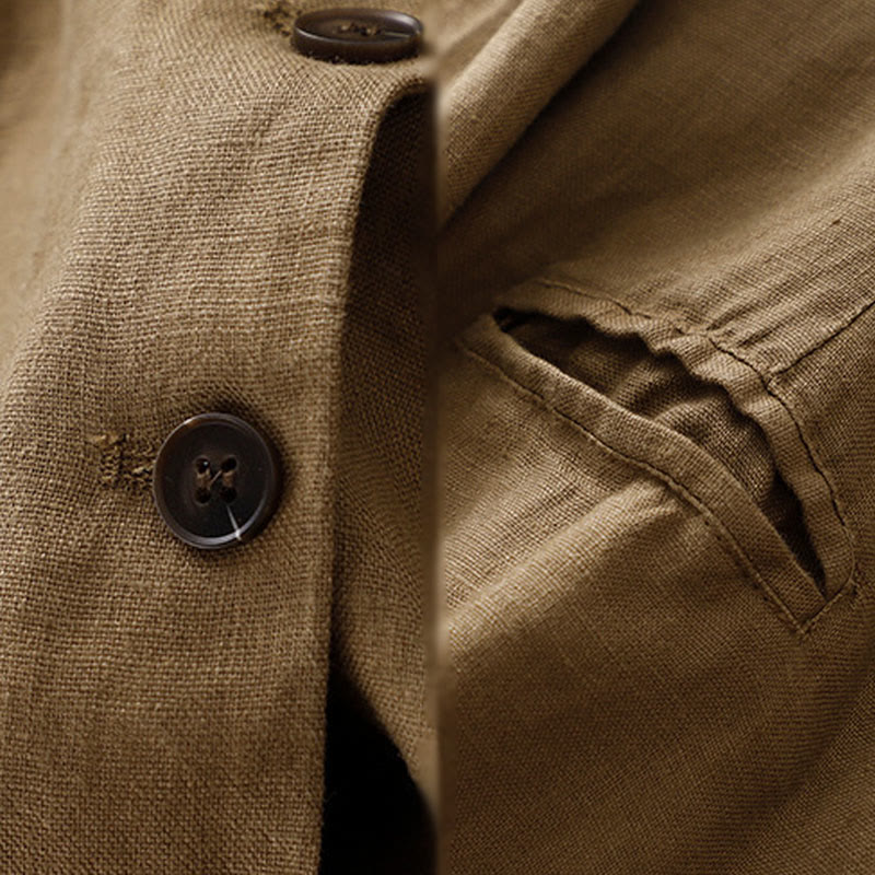 Veste femme rétro en coton et lin avec poches et revers couleur pure Buddha Stones Commute - image 3