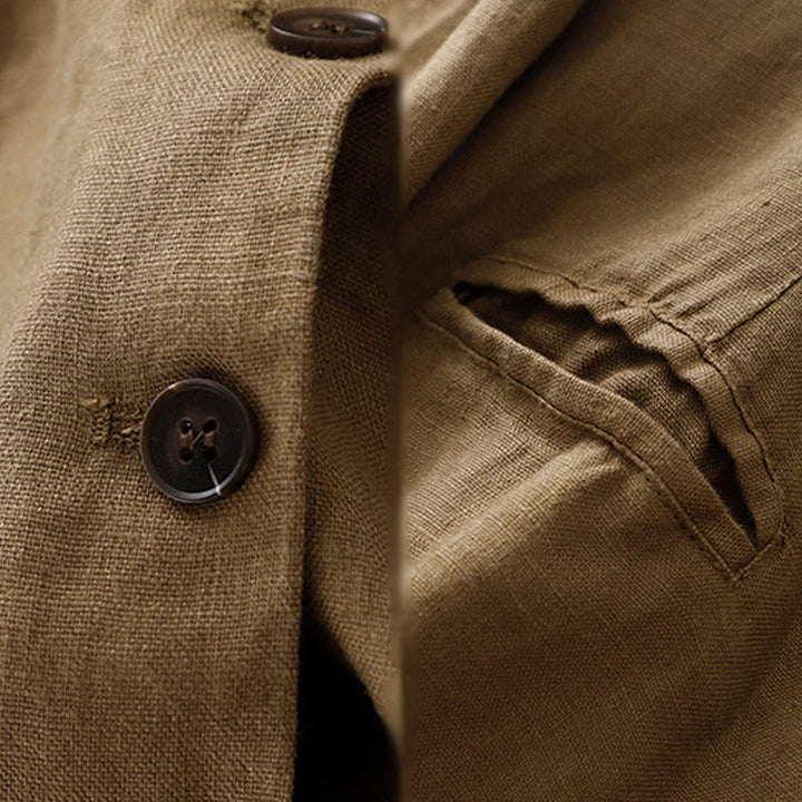 Veste femme rétro en coton et lin avec poches et revers couleur pure Buddha Stones Commute - image 3