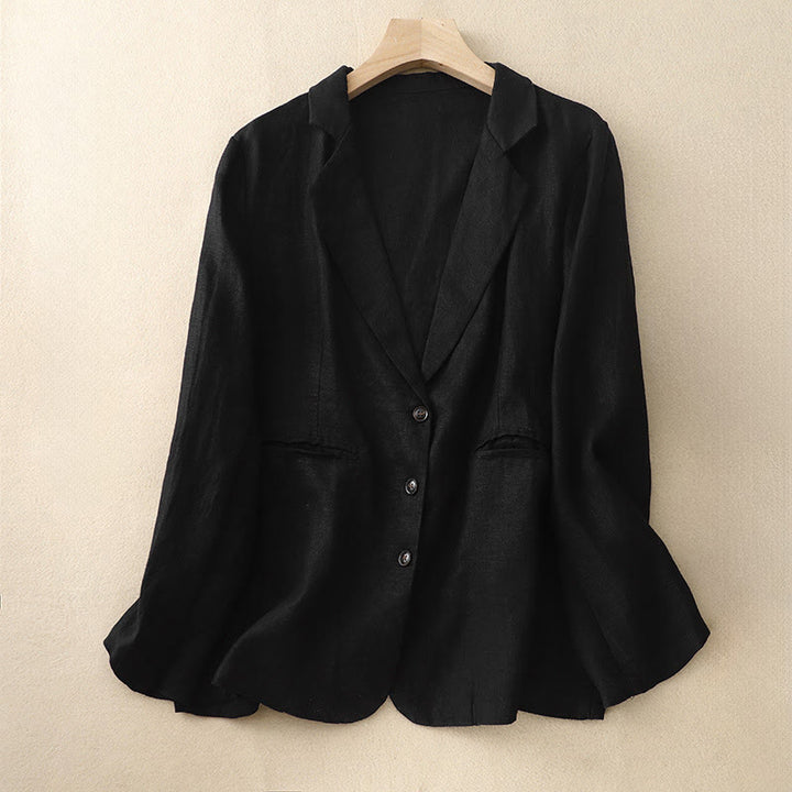 Veste femme rétro en coton et lin avec poches et revers couleur pure Buddha Stones Commute - Noir - US14，UK/AU18，EU46 (2XL) - image 5