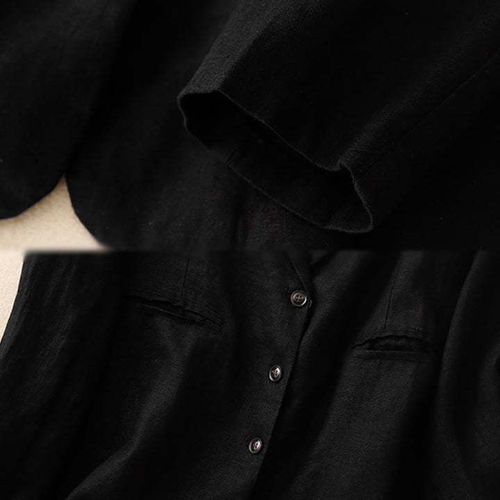 Veste femme rétro en coton et lin avec poches et revers couleur pure Buddha Stones Commute - image 6