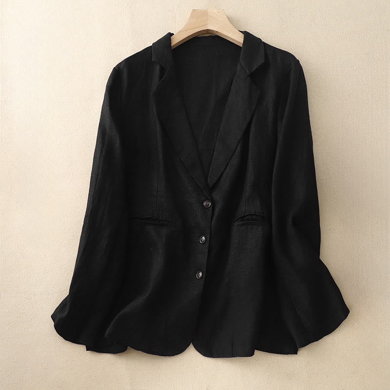 Veste femme rétro en coton et lin avec poches et revers couleur pure Buddha Stones Commute - Noir - US14，UK/AU18，EU46 (2XL) - image 4