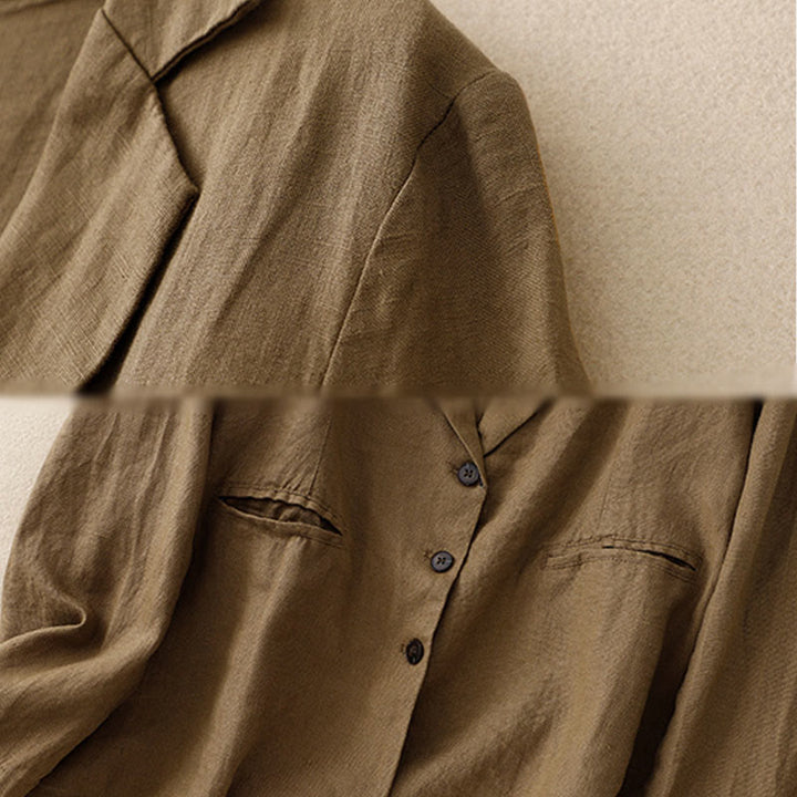 Veste femme rétro en coton et lin avec poches et revers couleur pure Buddha Stones Commute - image 2