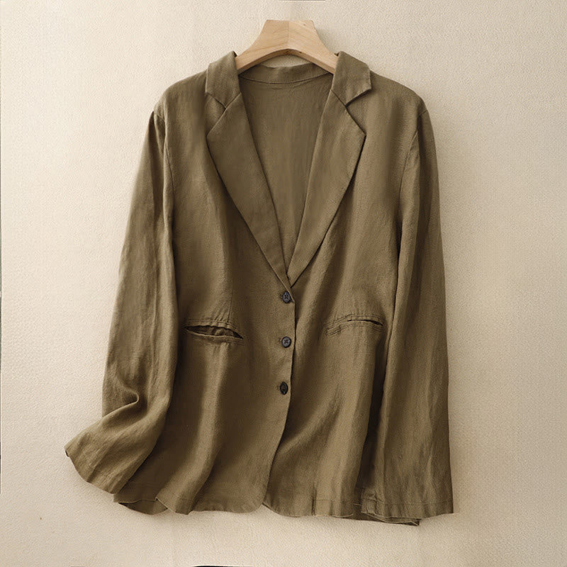 Veste femme rétro en coton et lin avec poches et revers couleur pure Buddha Stones Commute - Verge d'or foncée - US14，UK/AU18，EU46 (2XL) - image 1