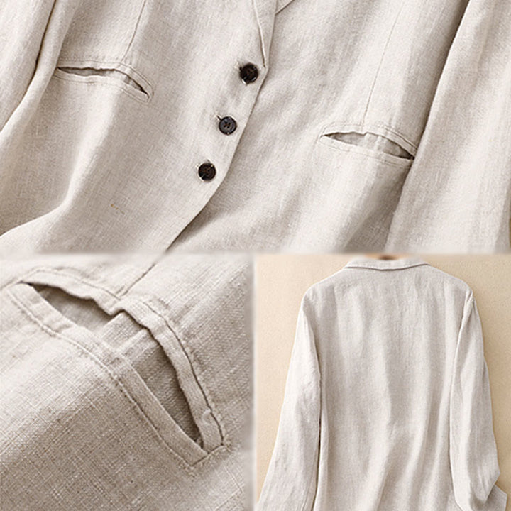 Veste femme rétro en coton et lin avec poches et revers couleur pure Buddha Stones Commute - image 12