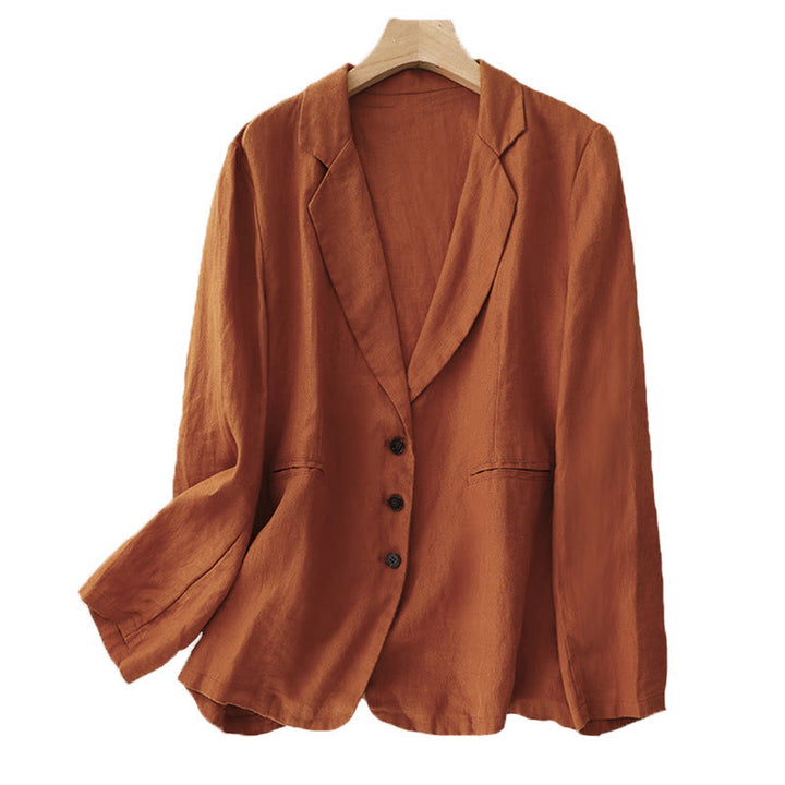 Veste femme rétro en coton et lin avec poches et revers couleur pure Buddha Stones Commute - image 17