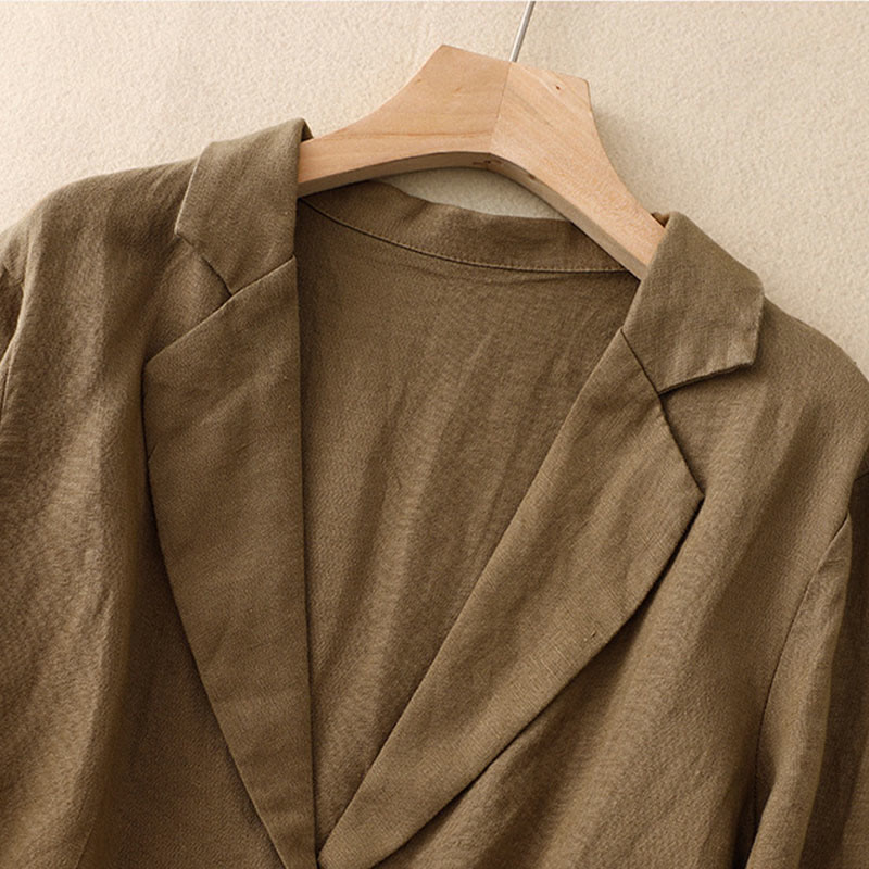 Veste femme rétro en coton et lin avec poches et revers couleur pure Buddha Stones Commute - image 1