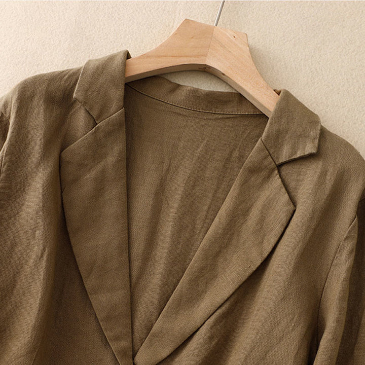 Veste femme rétro en coton et lin avec poches et revers couleur pure Buddha Stones Commute - image 1