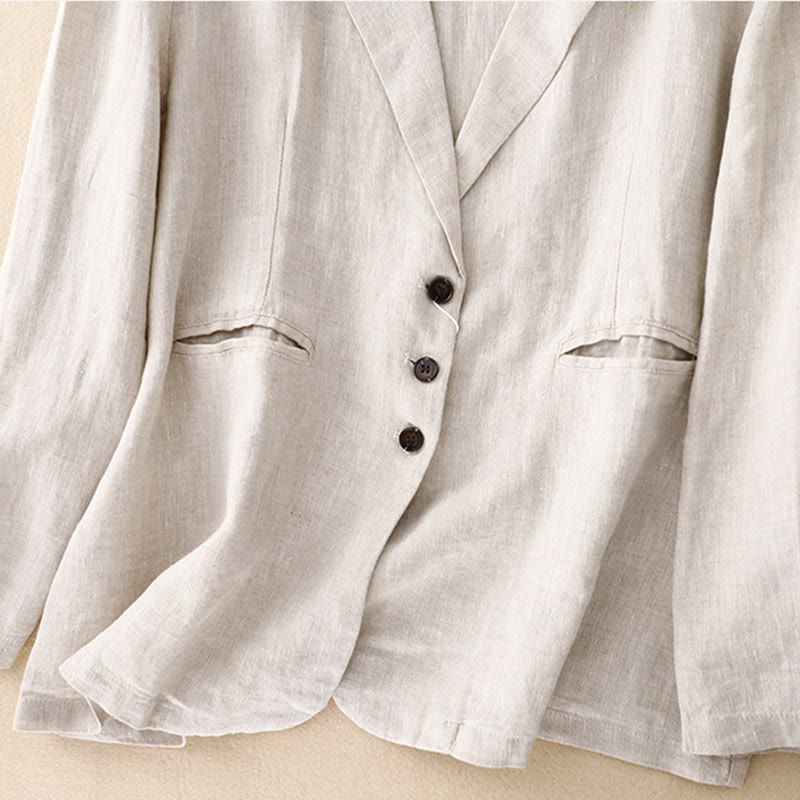 Veste femme rétro en coton et lin avec poches et revers couleur pure Buddha Stones Commute - image 12