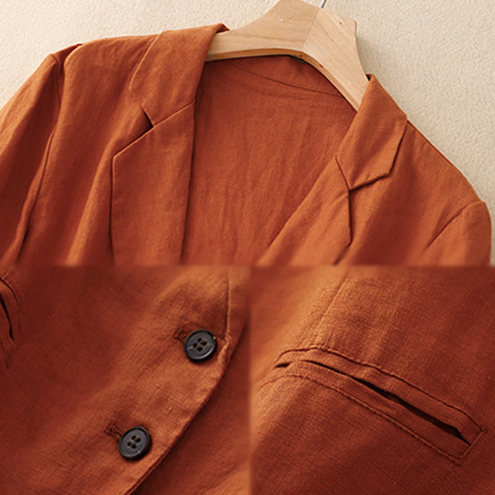 Veste femme rétro en coton et lin avec poches et revers couleur pure Buddha Stones Commute - image 14