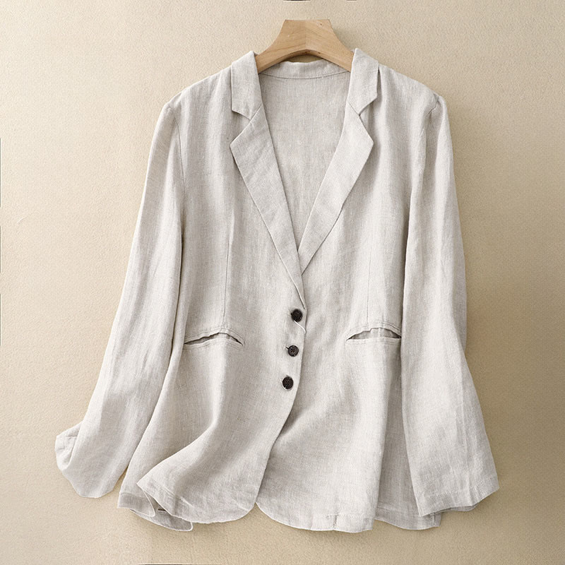 Veste femme rétro en coton et lin avec poches et revers couleur pure Buddha Stones Commute - FloralBlanc - US14，UK/AU18，EU46 (2XL) - image 8