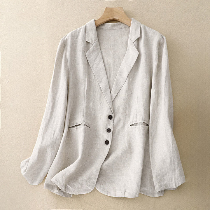 Veste femme rétro en coton et lin avec poches et revers couleur pure Buddha Stones Commute - FloralBlanc - US14，UK/AU18，EU46 (2XL) - image 8