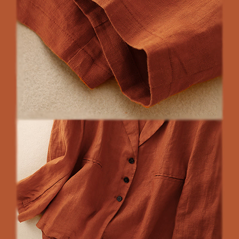 Veste femme rétro en coton et lin avec poches et revers couleur pure Buddha Stones Commute - image 15